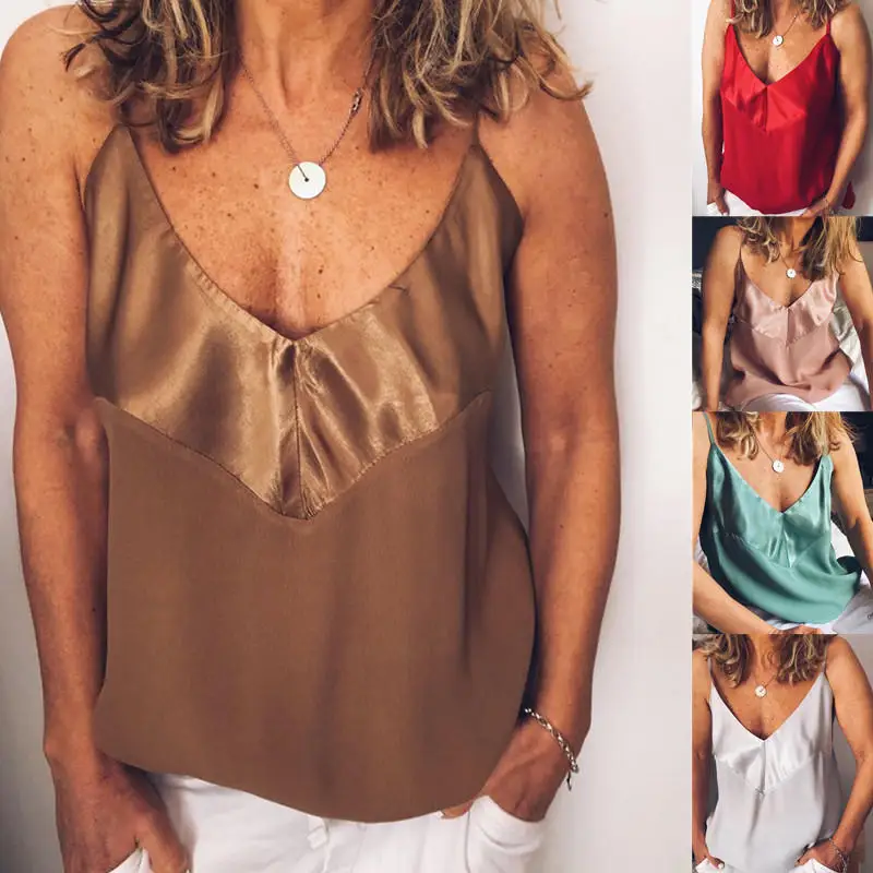 Женский летний однотонный топ без рукавов с v образным вырезом бретелек|Футболки|