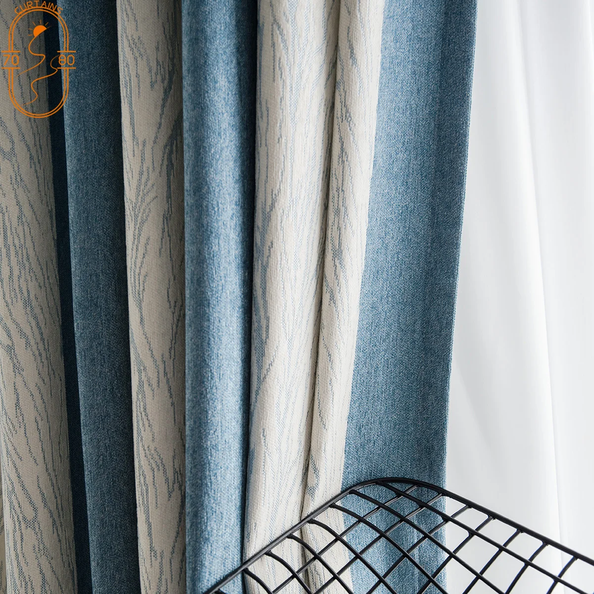 Mediterranean Modern Minimalist Style Blue Vertical Chenille Jacquard Blackout Curtains for Bedroom Living Room Curtains