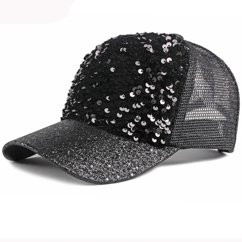 HT3153 Baseball Cap Women Sequin Baseball Hat Ladies Adjustable Snapback Trucker Mesh Cap Female Breathable Shiny Summer Sun Hat