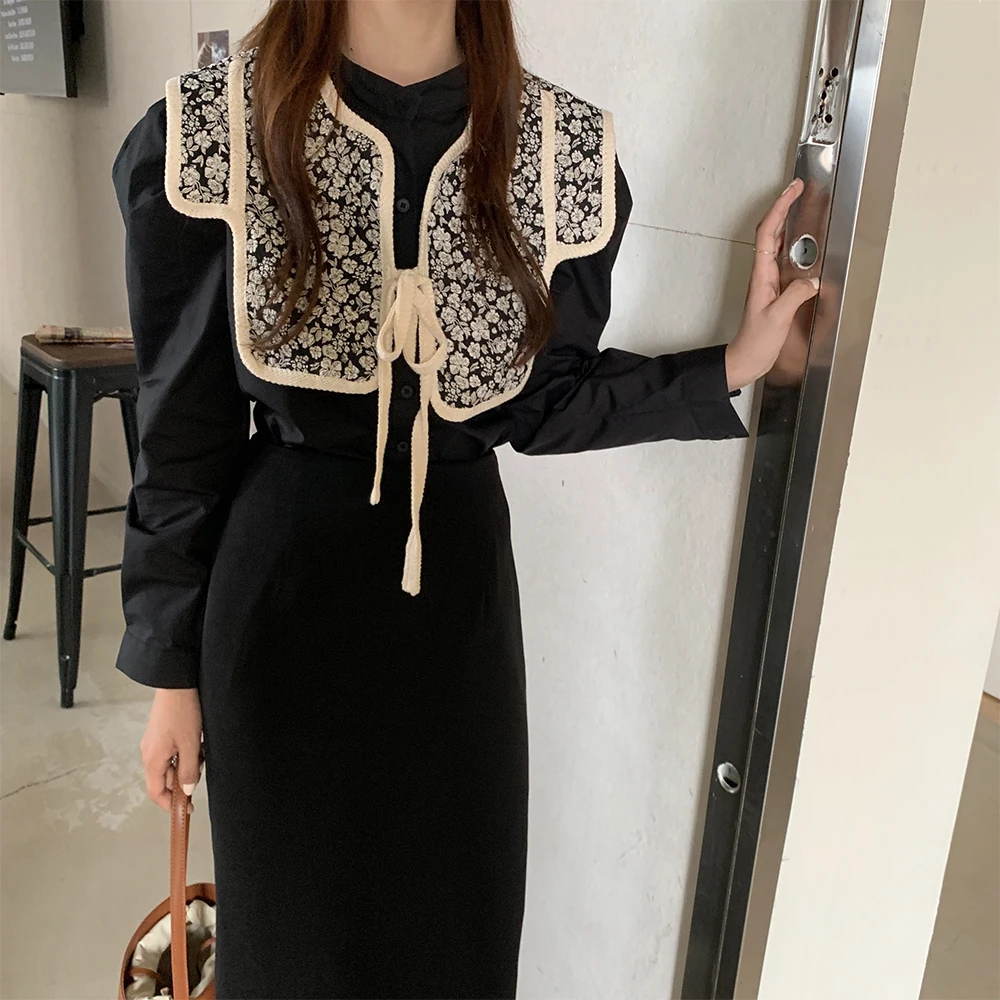

HziriP New 2021 Autumn Women Shirts Floral Vest Two-Piece Suit Female Tops Elegant Gentle Vintage Casual All Match Office Lady