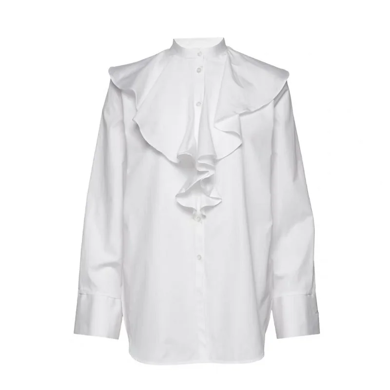 

Early Autumn Women's White Shirt Simple Lady OL Office Ruffles Stand-up Collar Blouse Silhouette Cotton Long-sleeved Shirts Top
