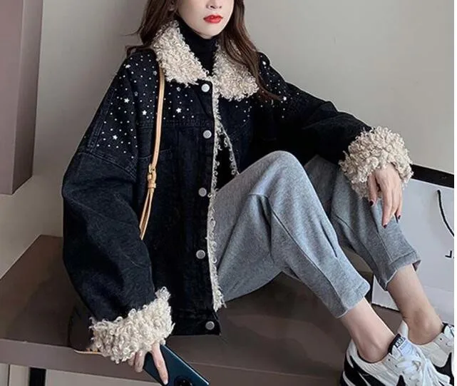 

Winter Girls denim Jacket Plus size Autumn clothes girl thick jean coat warm jean blouses sheep fleece hyu8877