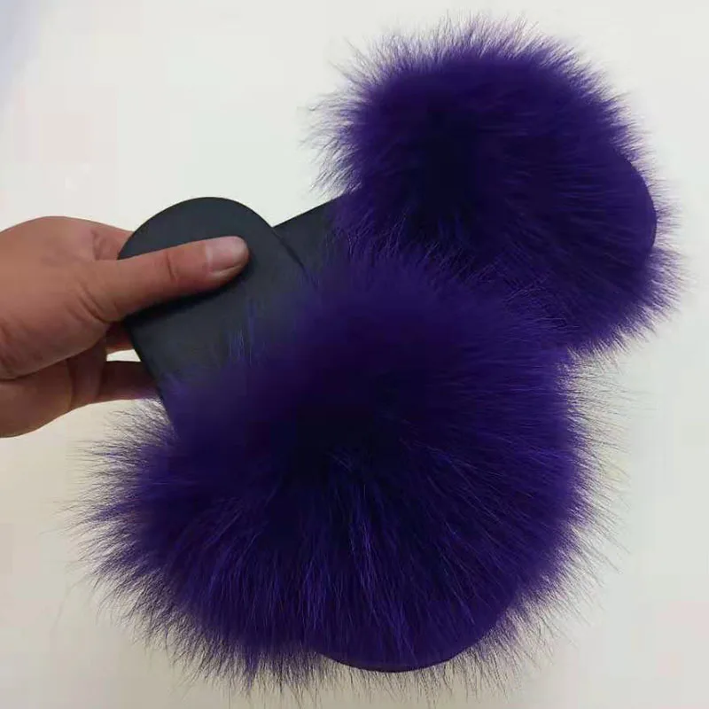 Purple Всесезонные тапочки с натуральным лисьим мехом; меховые шлепанцы; пляжные сандалии с пушистым мехом; плюшевые домашние тапочки; Домашние меховые Вьетнамки; обувь с лисьим мехом - Цвет: Purple