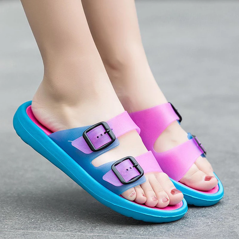 Women's Comfort Slippers Double Buckle Adjustable EVA Thicken Flat Sandals for Summer Fashion Outdoor Slides Couple Beach Shoes
