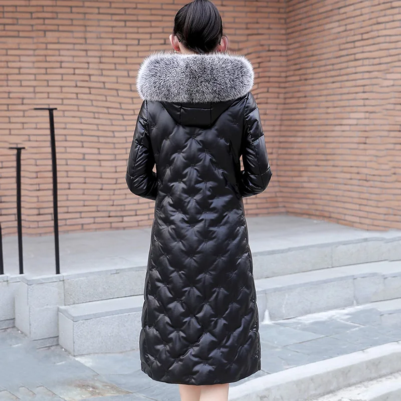 New Women Sheepskin Down Jacket Autumn Winter 2022 Fashion Real Fox Fur Collar Hooded Embroidery Slim Long Leather Overcoat