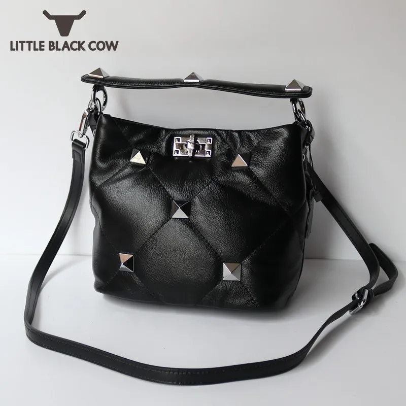 

Fashion Women Small Bucket Bag High Street Rivets Shoulder Bag Cowhide Genuine Leather Sling Crossbody Bag Ladies Casual Handbag