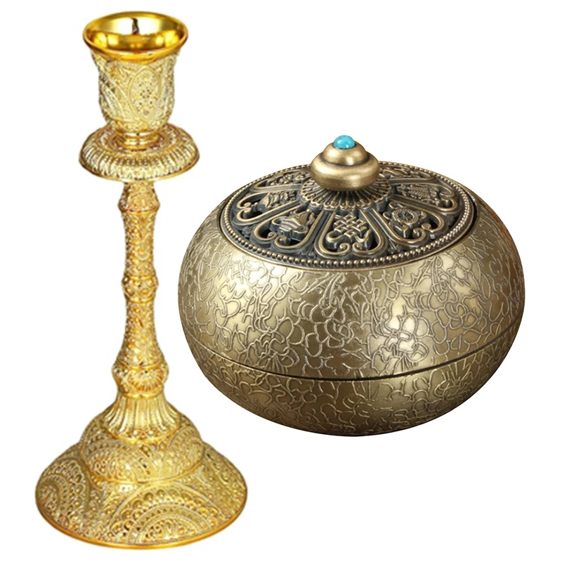 

Metal Candle Holder Stand Candelabra Taper Golden Candlestick B & Incense Holder,Alloy Retro Incense Burners