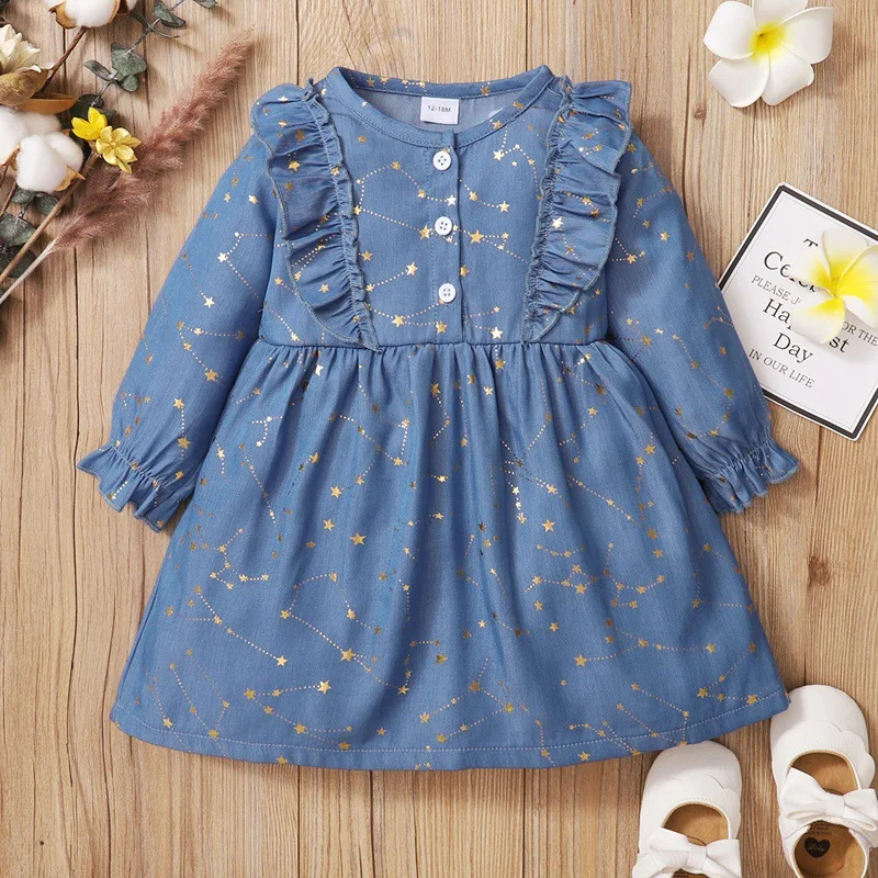 

Infant Girl Autumn Little Star Print Dress Toddler Baby Solid Blue Denim Long Sleeve Skirt Children Ruffle Cotton Casual Dresses