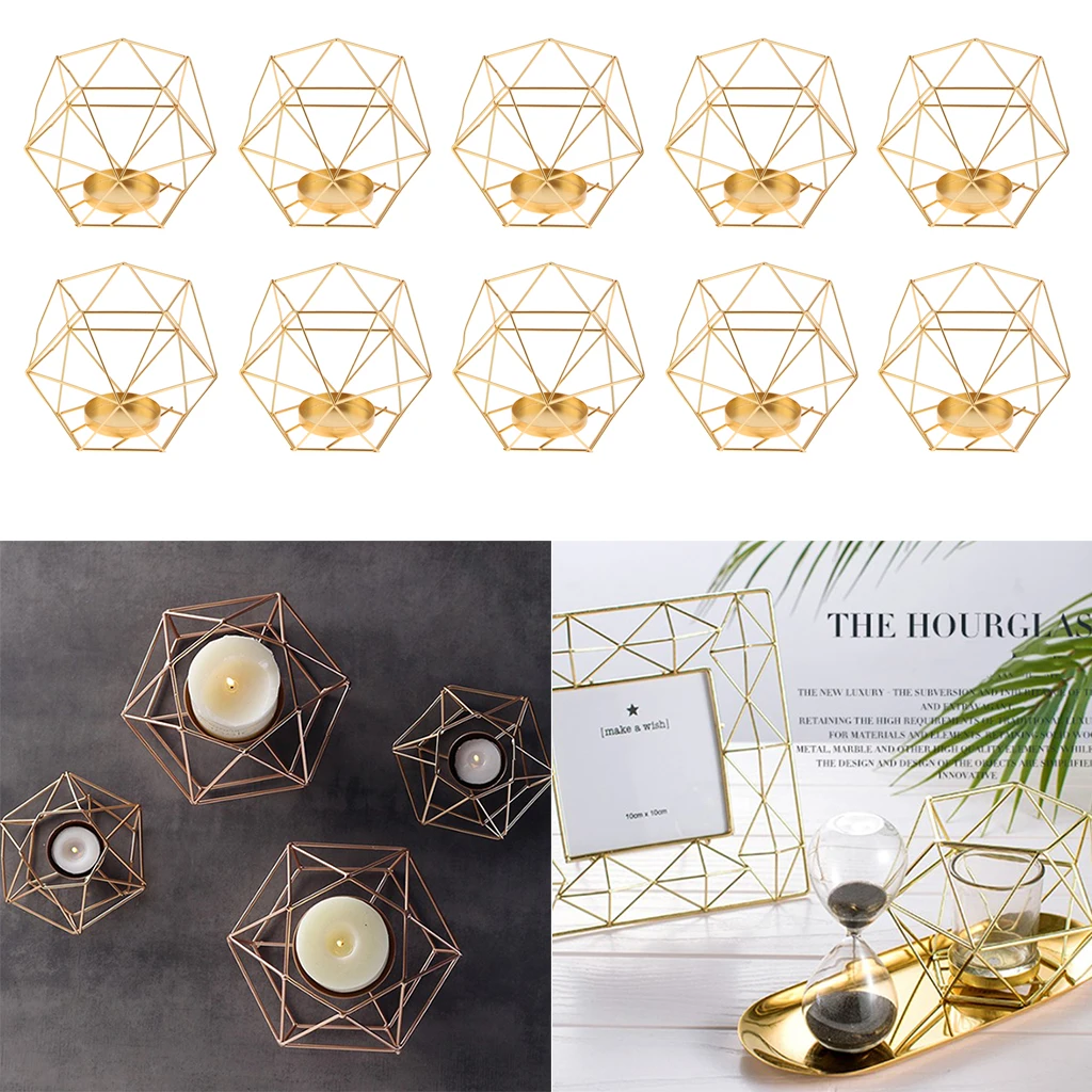 

10 Pcs 3D Geometric Design Gold Tealight Candle Holder Vase Home Tabletop Centerpiece Wedding Party Decorations Parties Ornament