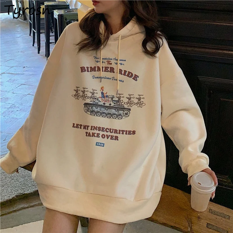 

Graphic Hoodies Women Sweet Design Letter Printing Sweatshirts Streetwear Hot Sale Loose Lazy Plus Velvet Thicker Outwear Mujer
