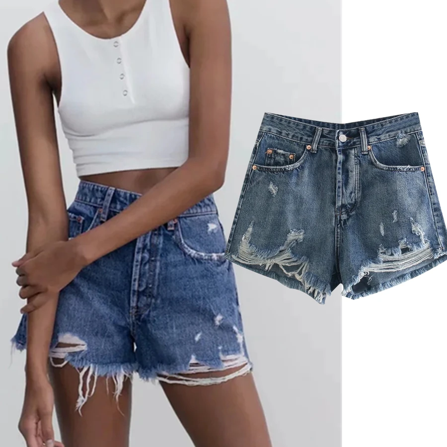 

Шорты Maxdutti женские с завышенной талией, уличные винтажные джинсовые короткие бермуды с дырками, свободные штаны из денима, лето