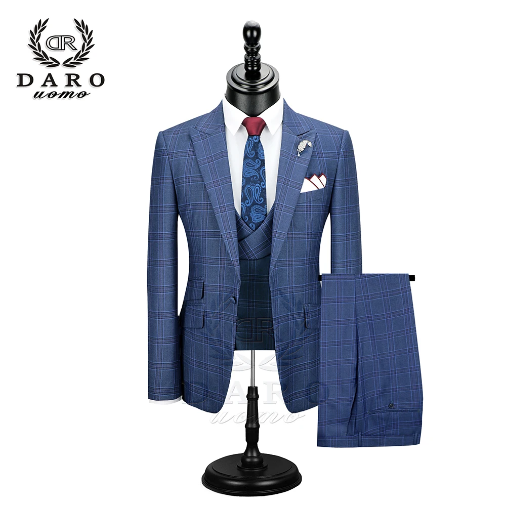 DARO мужской костюм из 3 предметов модный клетчатый Костюм приталенный синий фиолетовое свадебное платье Костюмы Блейзер брюки и жилет DR8193
