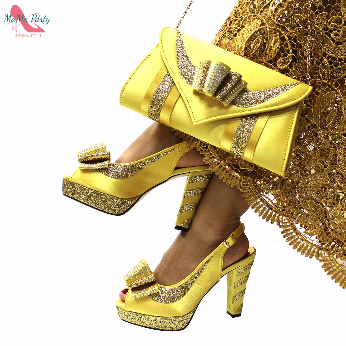 

2022 Spring New Arrivals Italian Women Shoes and Bag Set in Yellow Color Slingbacks Super High Heels with Platform for Wedding