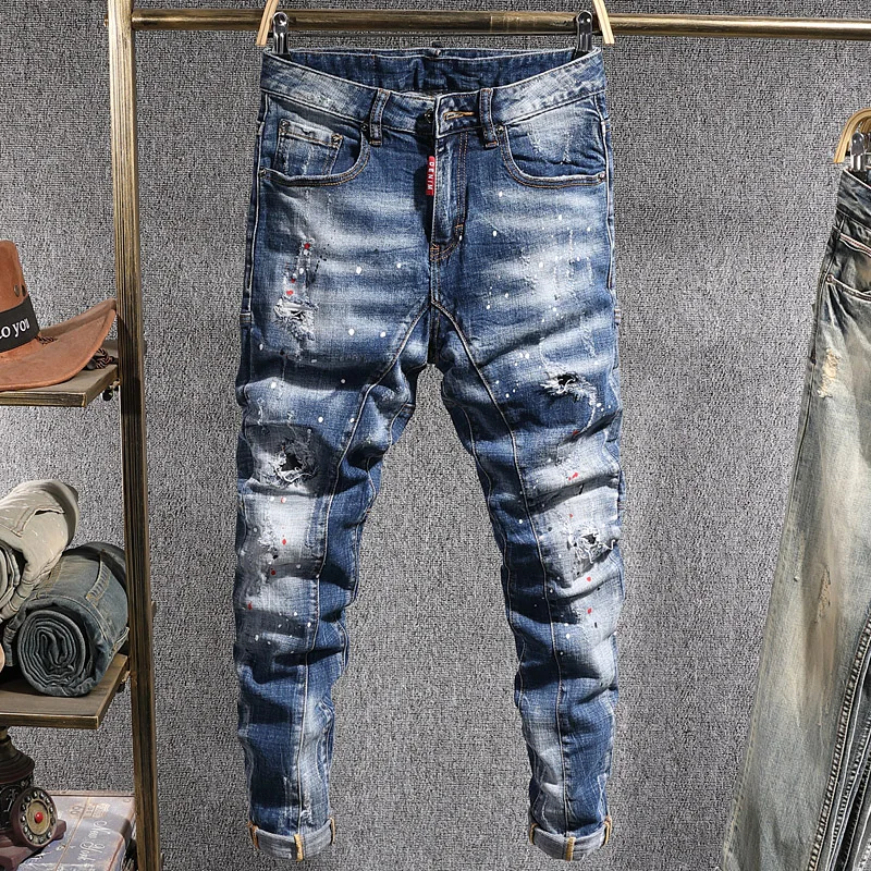 

Newly Fashion Streetwear Men Jeans Retro Blue Paint Elastic Slim Fit Ripped Denim Trousers Spliced Designer Hip Hop Biker Pants