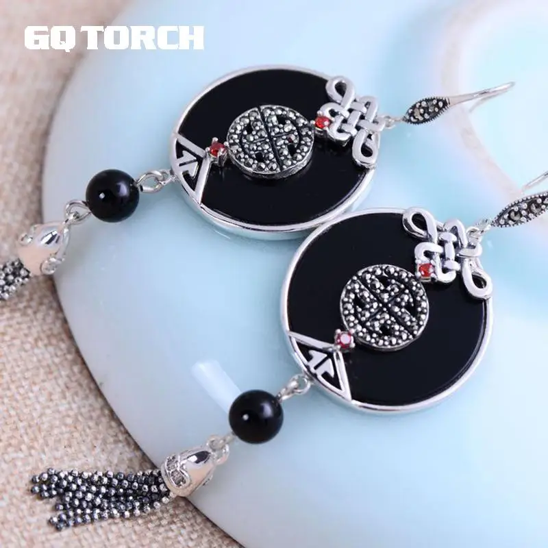 925 пробы серебряные серьги-кисточки с узлом Truelove изысканный натуральный черный
