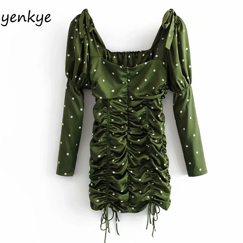 2019 для женщин в винтажном стиле горошек со шнурком Драпированное Платье