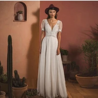 bohemian wedding dress v neck floor length short sleeve lace chiffon bridal gowns 2021 simple for women bride custom made