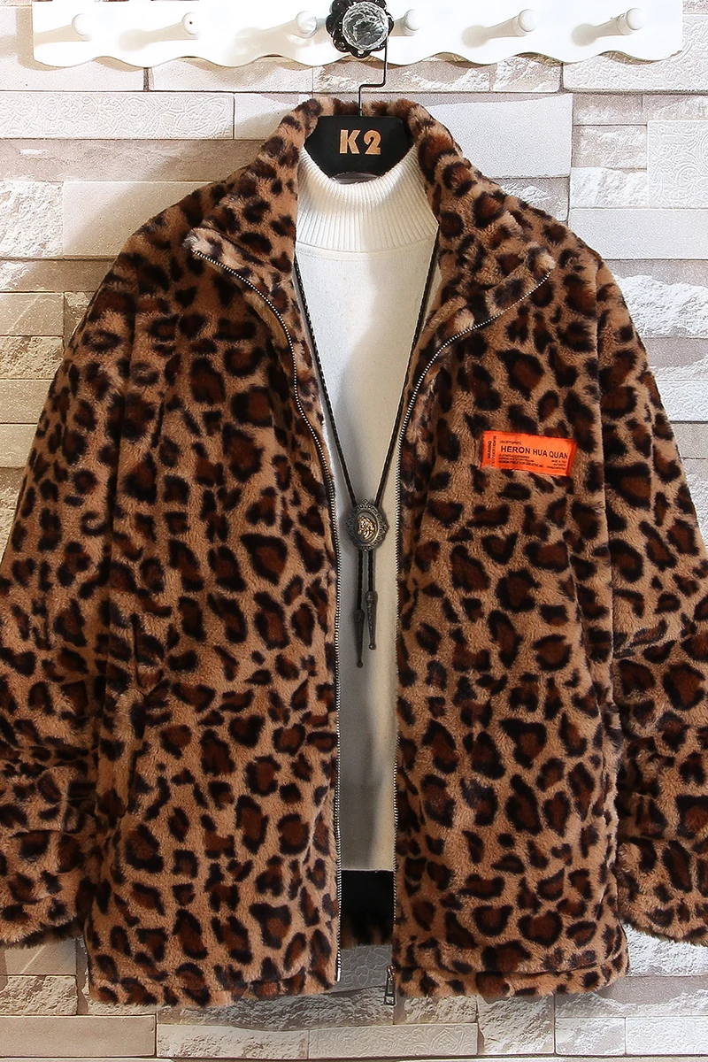 

Winter lamb male warm fashion coat male thick fur coat male street wear loose cotton coat leopard print coat male M-5XL