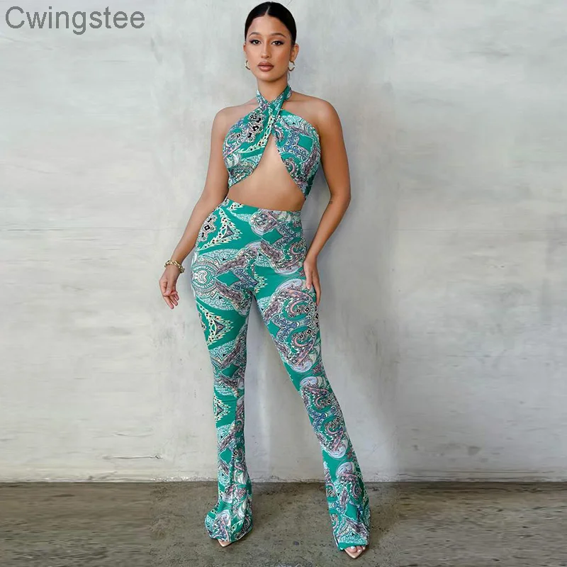 

Женский летний костюм exy из двух предметов, бандана и расклешенные брюки с принтом пейсли, топ с лямкой на шее, 2021