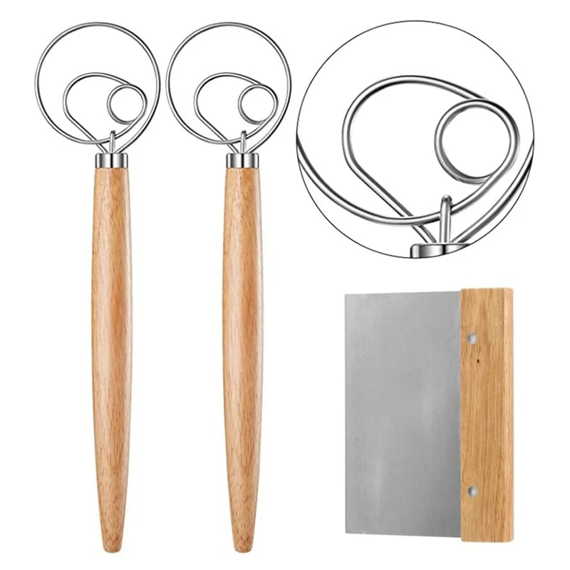 

2Pcs Danish Dough Whisk with a Scraper, Bread Mixer Scraper, Wooden Handle Dough Whisk and Bread Cutting Scraper