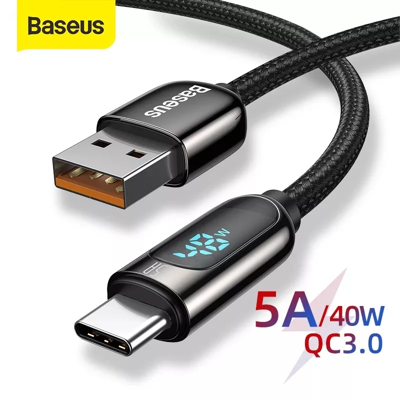 

Baseus 5A Type C Cable for Red Mi Note 9 Huawei P40 P40 Pro USB LED Display Type C Cable Fast Charger USB C Wire Code Data Cable