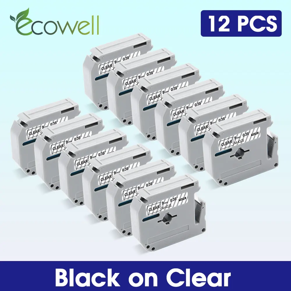 

Ecowell 5/12PK MK121 этикетки для Brother MK-121 MK 121 M-K121 кассеты ярлыка 9 мм * 8 м черный на прозрачном для Brother PT-70 PT-80 PT-90