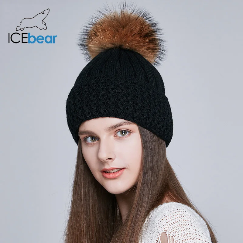 ICEbear женские шапки на осень и зиму с натуральным мехом лисы/енота, модные женские шапки с помпоном, E-MX18102Q - Цвет: 01D