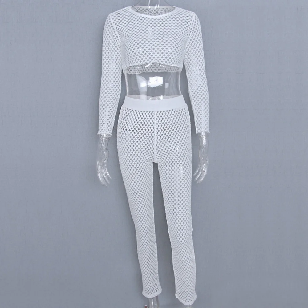 

Women Sexy Mesh See Through Beach Bikini Swimsuit Swimwear Bathing Suit Cover Up Hollow Out Short Top Long Pant Two Piece Sets