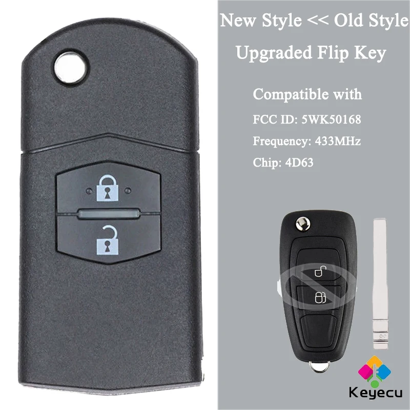 

KEYECU Upgraded Flip Remote Control Car Key With 2 Buttons 433MHz 4D63 Chip for Mazda BT-50 2011 2012 2013 2014 2015, 5WK50168
