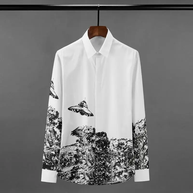 Minglu хлопковые мужские рубашки Роскошные с принтом летающей тарелки длинным