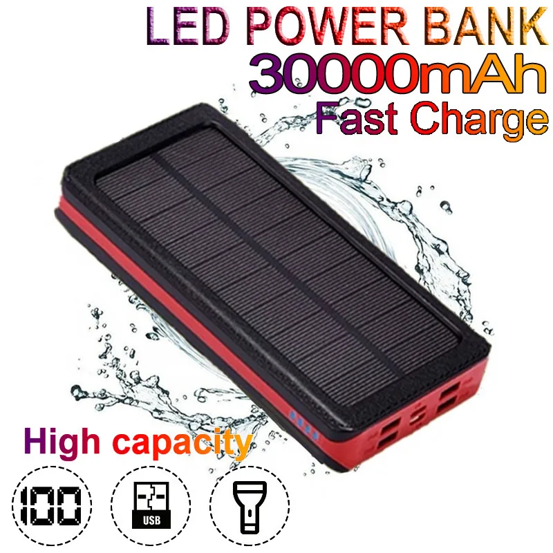 30000mAh Солнечная батарея с большой емкостью 4 выхода порта аккумулятор подходит