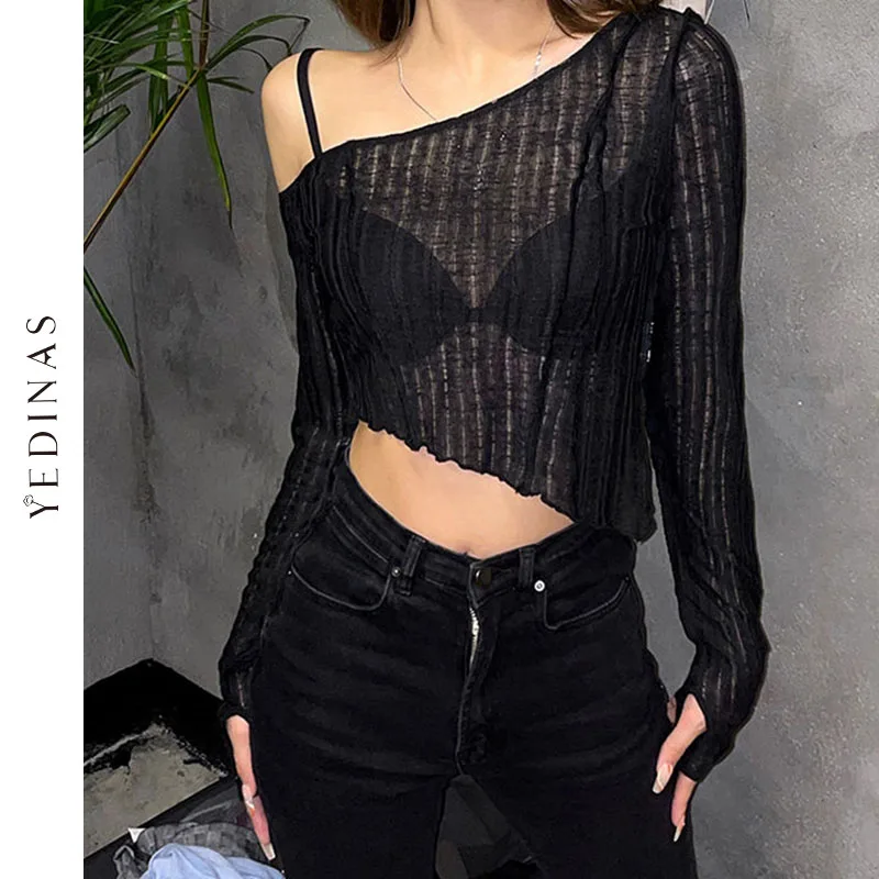 

Сексуальный Асимметричный кроп-топ Yedinas, женская футболка с косым воротником и длинным рукавом, сетчатые топы, Прозрачная Клубная одежда с о...