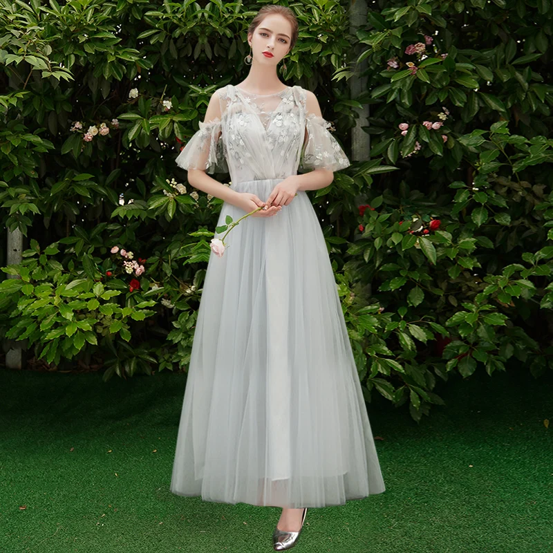 SSYfashion элегантное серое длинное платье подружки невесты с аппликацией вечерние