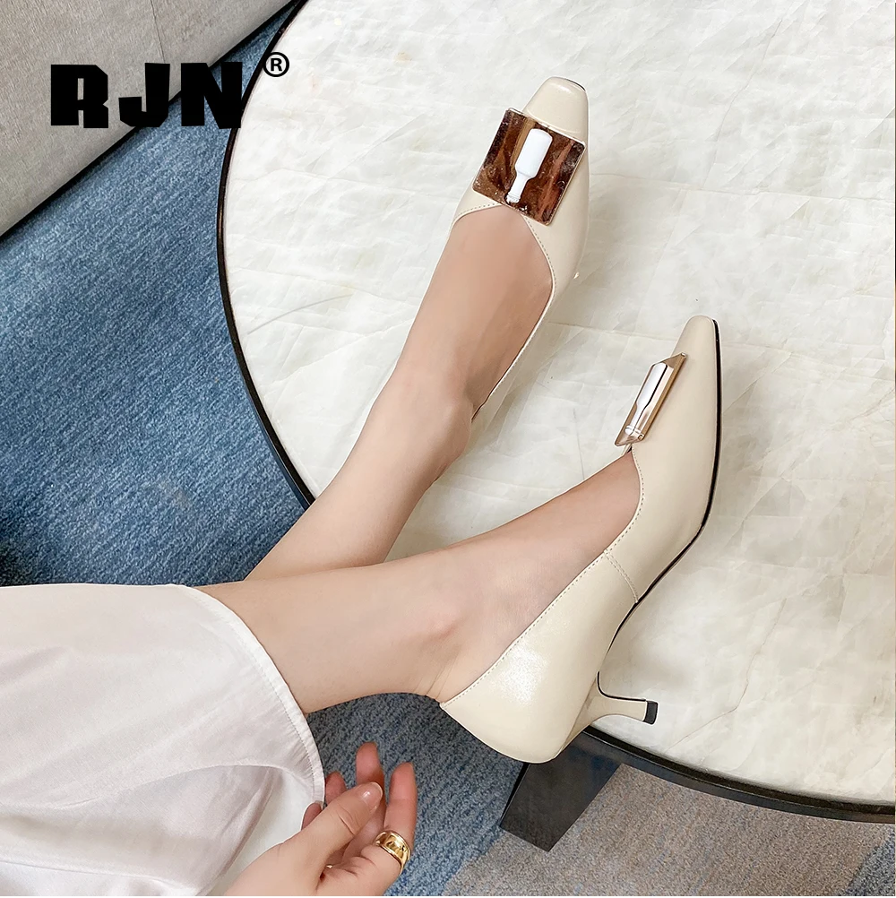 

RJN New Stylish Lady Pumps Unique Metal Decoration Little Square Toe High Quality Cow Leather Women Shoes Elegant Shoes RO271