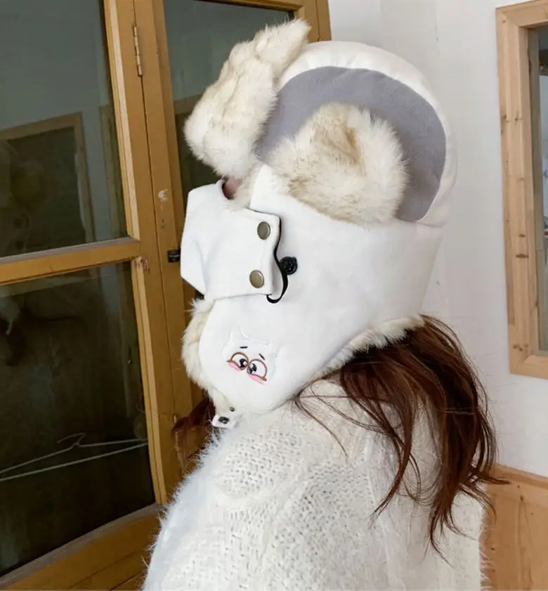 embroidery cartoon Lei Feng hat Russia ear-flapped hat women bomber hats thick warm outdoor winter hat - Цвет: white