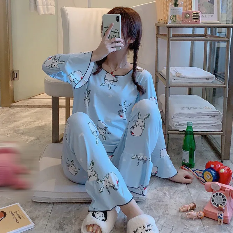 Kawaii, 2 шт., женская пижама, комплект, милый рисунок морковки, повседневные топы, штаны, домашняя одежда для сна с длинным рукавом, Pijama Mujer