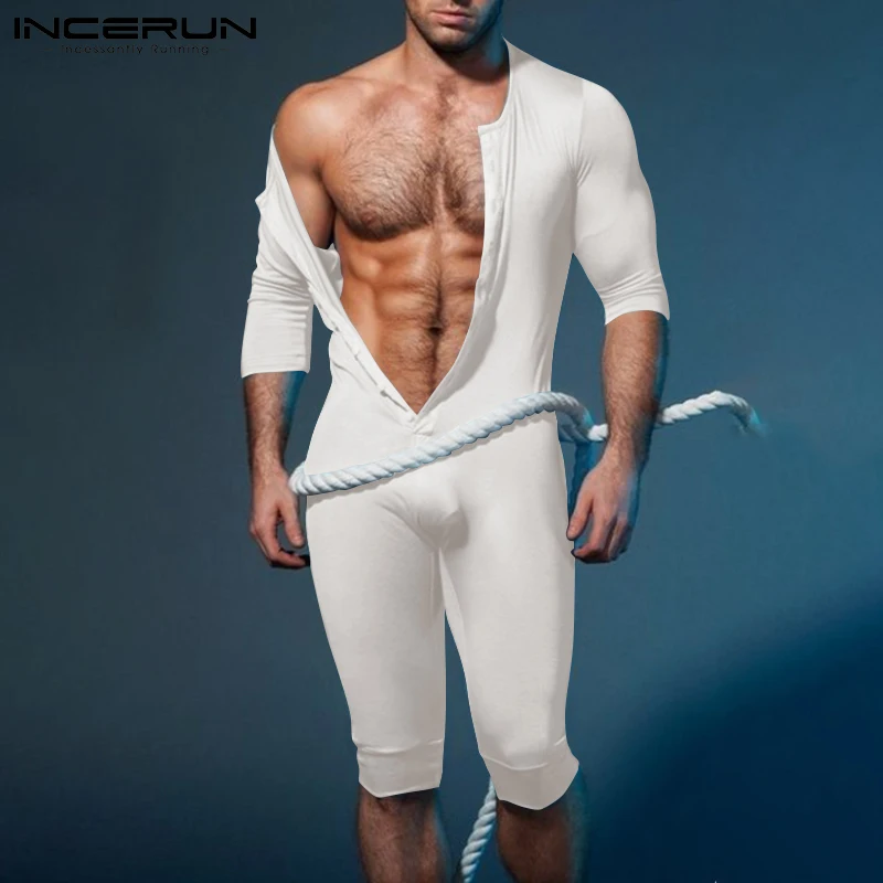 INCERUN Comfortable Homewear Fashionable Casual New Men Onesies Sexy Leisure Solid Color Comfortable Sleeve Jumpsuit S-5XL 2023