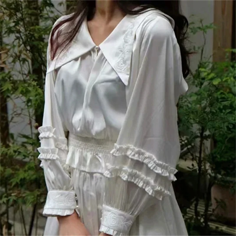 Блузка Женская атласная с цветочной вышивкой длинным рукавом-фонариком и