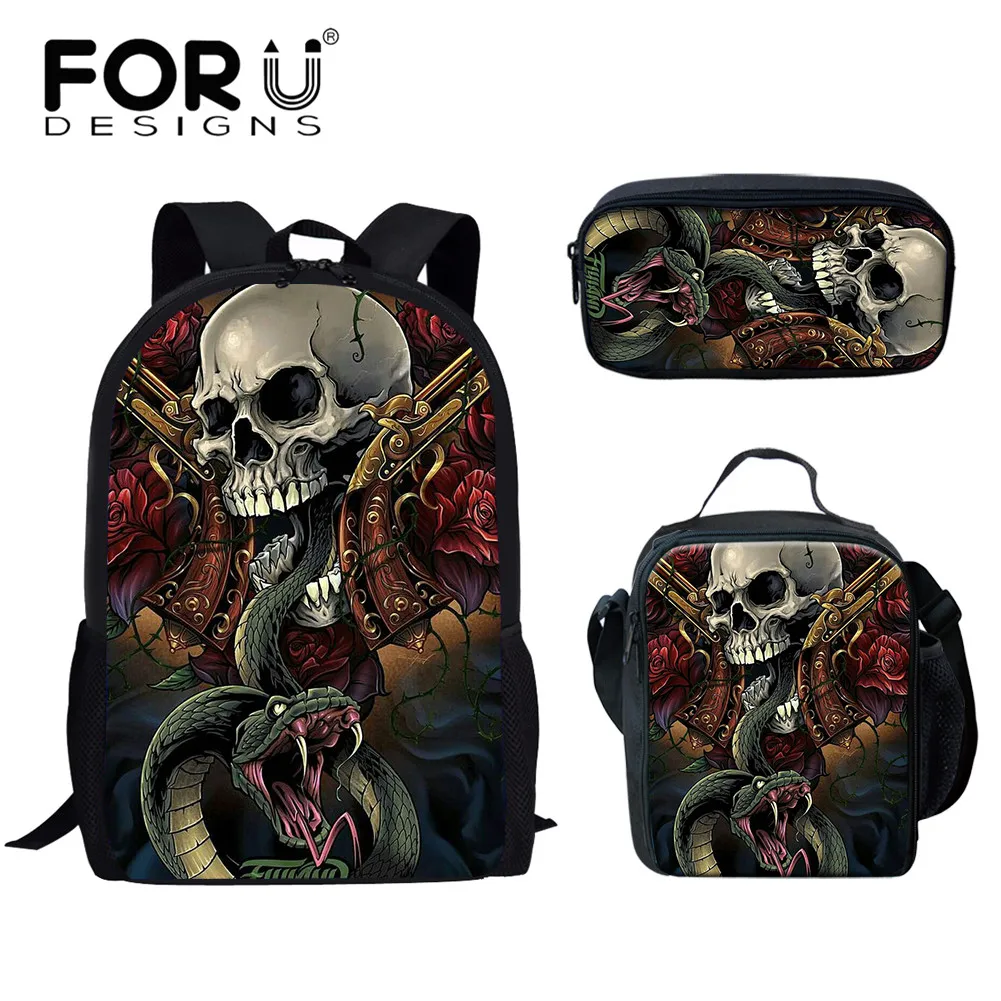 

FORUDESIGNS 3Pcs Cool Skull Pattern Print Schoolbags Set for Kids Children Large Capacity Student Book Bags and Lunch Bag Penbag