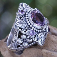 925 sterling silver new luxury amethyst lady ring trendy personality leaf flower hollow out jewelry finger ring hand ornaments