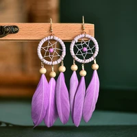 2021 bohemian red dream catcher leaf feather ladies earrings women summer indian jewelry natural wood drop dangle earrings