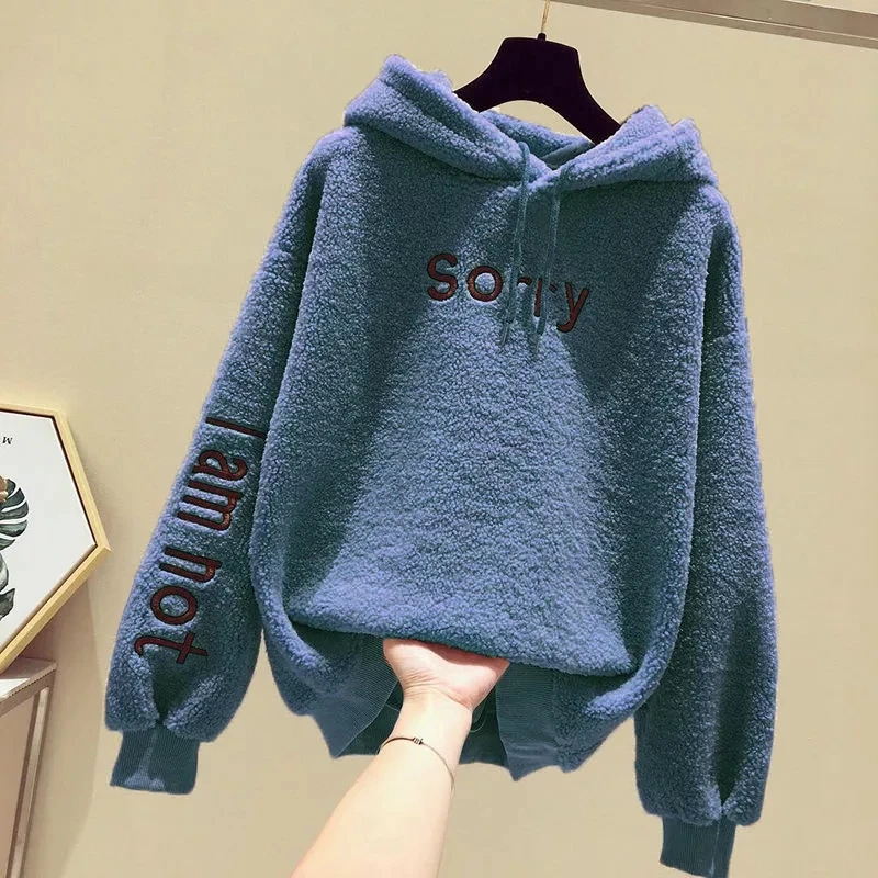 

2020 new Plus velvet thick sweatshirt women autumn winter clothes hooded loose imitation lamb plush female jacket trend hoodies