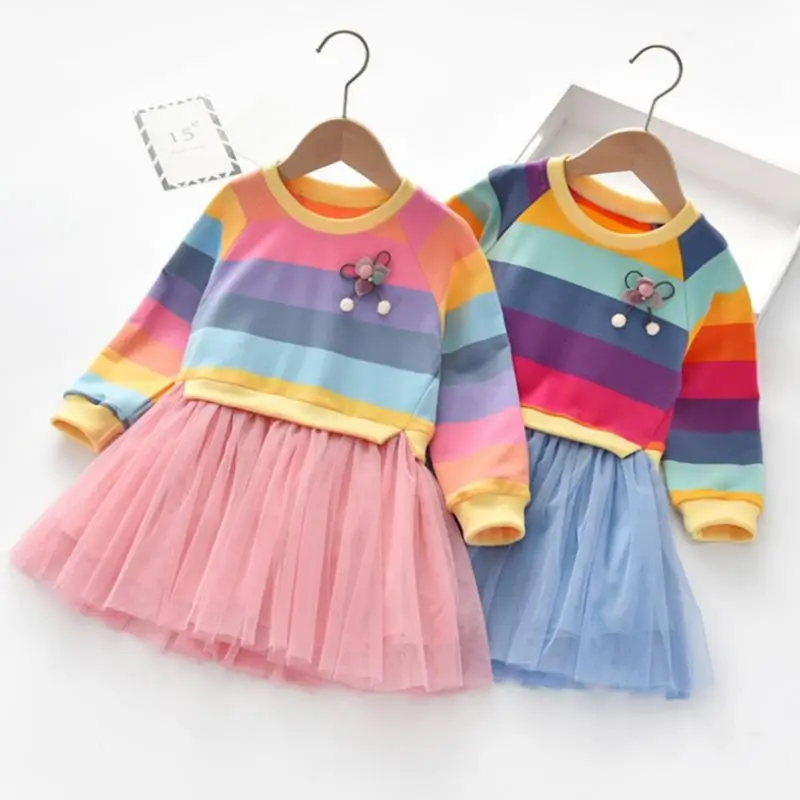 2020 новые платья для девочек весна-осень детское разноцветное платье в полоску с