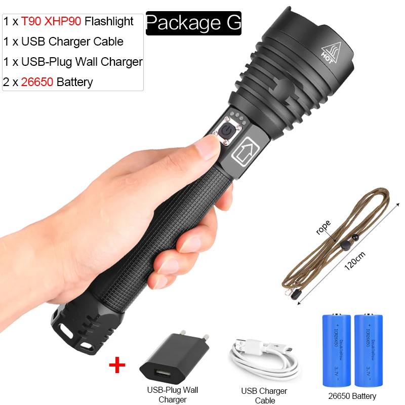 Package G XHP90 самый мощный светодиодный фонарик XLamp 18650 26650 Zoom Torch XHP70.2 USB Перезаряжаемый тактический фонарь для кемпинга охота лампа - Испускаемый цвет: Package G