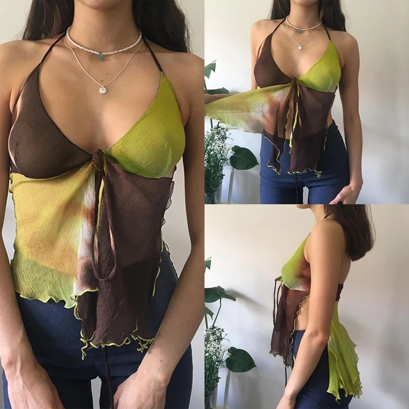 

Tie Dye Patchwork Slit Mesh Tank Tops Y2K Vintage Sexy V-Neck Backless Trim Halter Crop Top