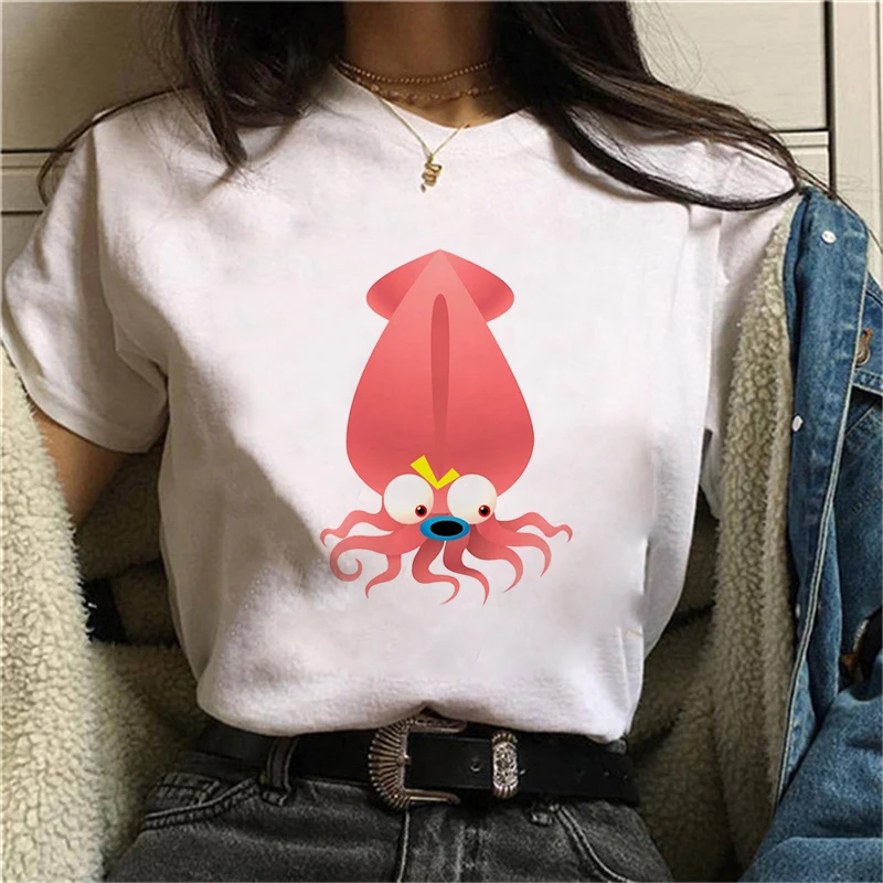

Funny octopus Cartoon T-Shirt Women Graphic Tee Female T Shirt White Tshirt Summer Tops Round Neck T-shirts Clothes