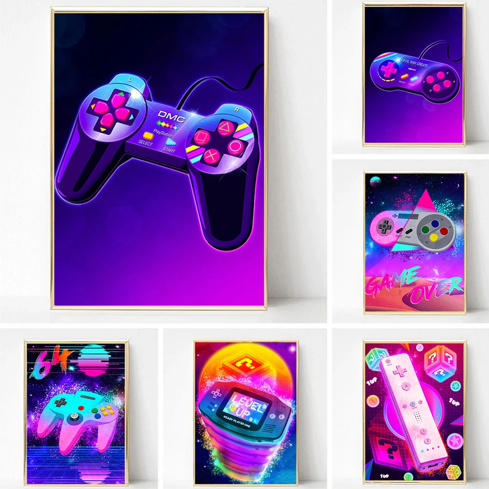 

Color Poster Vintage Game Handle Neon Print Canvas Painting For Living Room Game Room Bar Cafe Girl Boy Bedroom Wall Art Decor