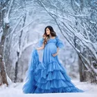 Очаровательный синий ювелирные изделия, Беременность фотосессии платья короткие рукава, оборки Пышная юбка для женщин; Большие размеры длинное шифоновое платье халат