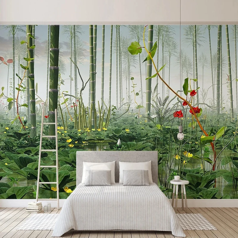 

Custom Photo Wallpaper Chinese Style 3D Lotus Bamboo Forest Landscape Mural Living Room Bedroom Background Wall Papel De Parede