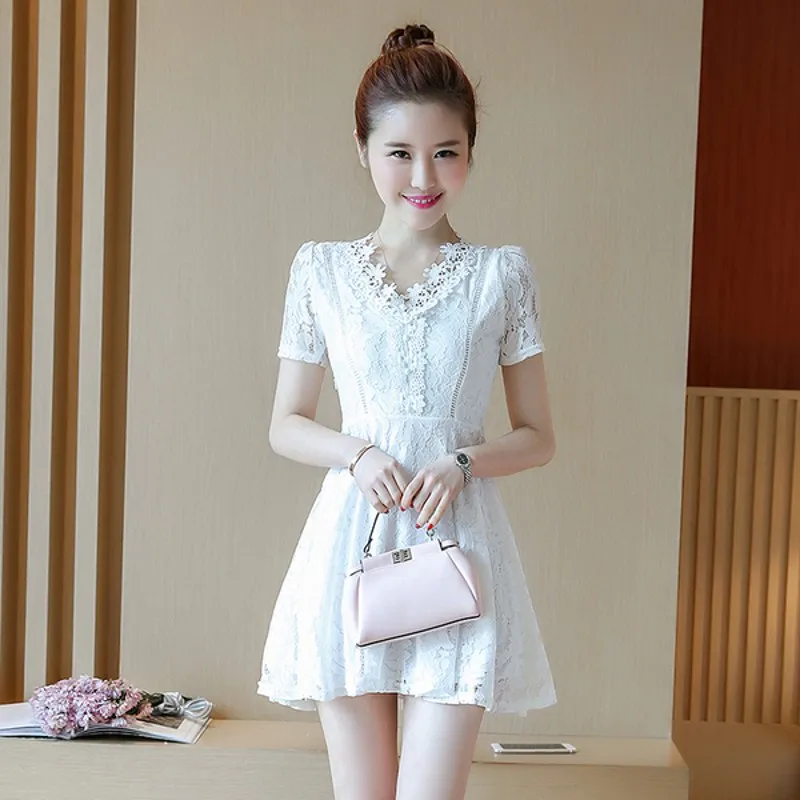 

Fashion and elegant mini lace dress 2021 summer Korean version of small fresh lace mid-length short-sleeved dress Vestidos